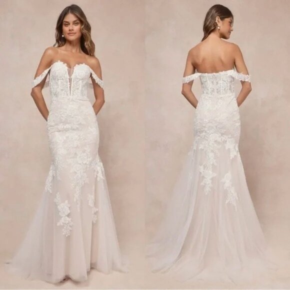 Lulus Endless Dedication White Embroidered Off-the-Shoulder Maxi Dress NWOT Sz 8 - Picture 2 of 4
